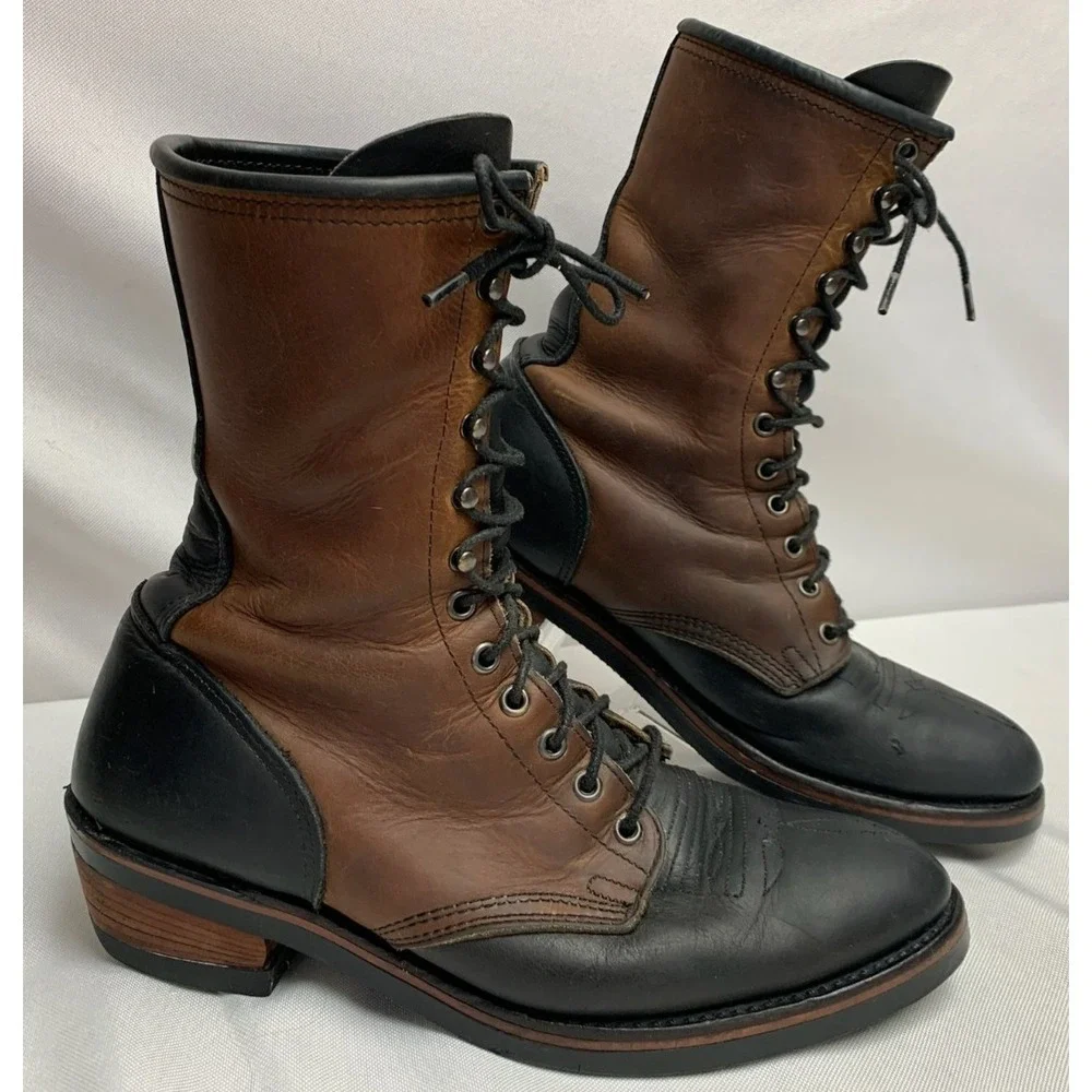 Mens Chippewa ? Two Tone Leather Brown Black Packer Work Boots Union Made 9 B